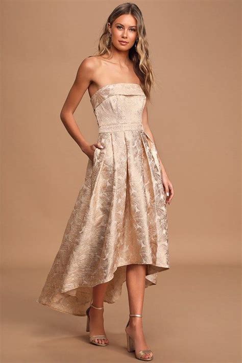 This One Night Cream Floral Jacquard Strapless High Low Dress High