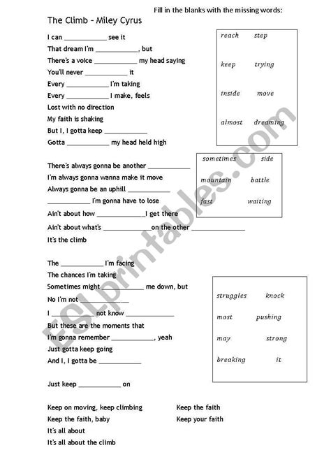 English Worksheets The Climb Miley Cyrus