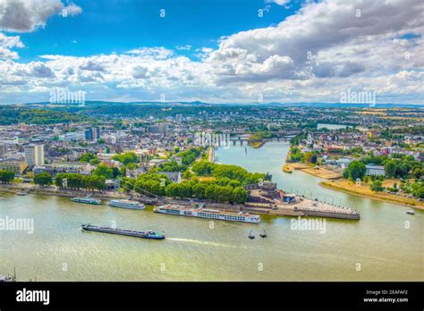 Deutsches Eck At Confluence Of Mosel And Rhein Rivers Hi Res Stock