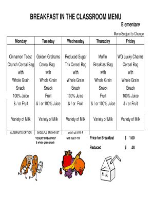 Fillable Online Breakfast In The Classroom Menu Fax Email Print Pdffiller