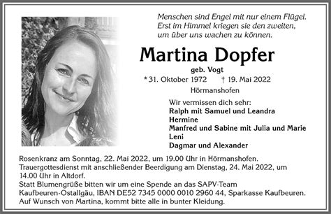 Traueranzeigen Von Martina Dopfer Augsburger Allgemeine Zeitung