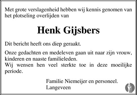 Hendrik Willem Henk Gijsbers Overlijdensbericht En