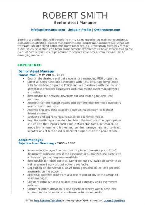 Asset Manager Resume Samples QwikResume