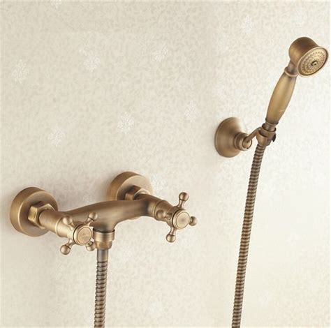 Wall Mount Antique Brass Hand Held Shower Head Double Handle Shower