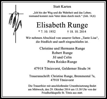 Alle Traueranzeigen für Elisabeth Runge trauer rp online de