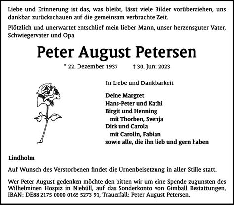 Traueranzeigen Von Peter August Petersen Sh Z Trauer