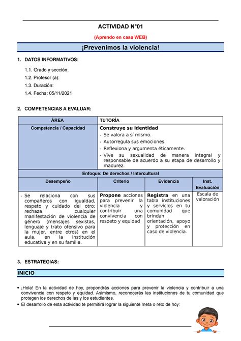 Tutoría Sesión Prevenimos LAS Violencia ACTIVIDAD N Aprendo en