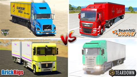 GTA 5 Volvo Truck Vs Teardown Truck Vs BeamNG MAN Truck Vs Brick Rigs