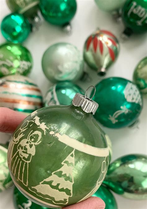 Vintage Green Glass Ornaments Mixed Lot Of 25 Green Silver Tone Christmas Tree Decor Shiny Brite