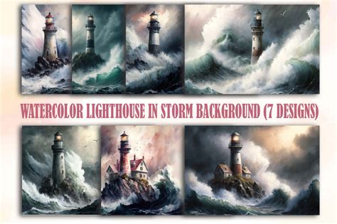 Watercolor Lighthouse In Storm Backgrounds By Mulew Art | TheHungryJPEG