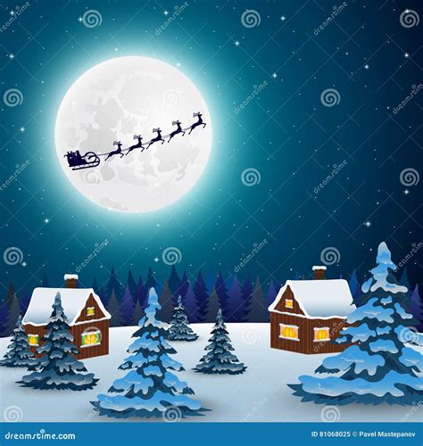 Night Christmas Forest Landscape Santa Claus Flies Reindeer In Stock Vector Illustration Of