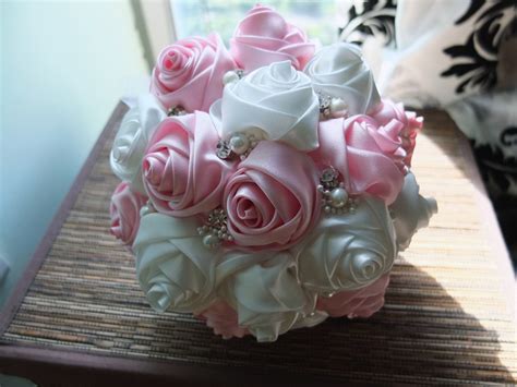 Satin Rose Bouquet Ribbon Rose Bouquet Pink And Off White