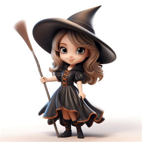 Premium Photo Cartoon Girl Dressed In A Witch Costume Holding A Broom Generative Ai