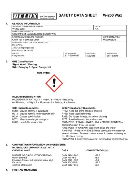 Fillable Online Material Safety Data Sheet Carnauba Wax Fax Email Print Pdffiller