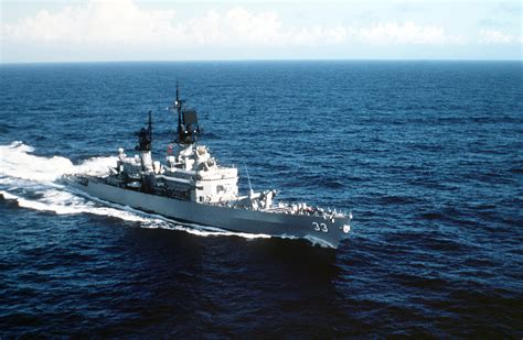 Aerial Starboard Bow View Of The Belknap Class Guided Missile Cruiser Uss Fox Cg 33 Underway