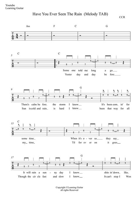 Creedence Clearwater Revival Have You Ever Seen The Rain Guitar Melody Tab 樂譜 By Learning Guitar