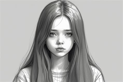 Un Dibujo De Una Chica Con El Cabello Largo Y Una Mirada Triste