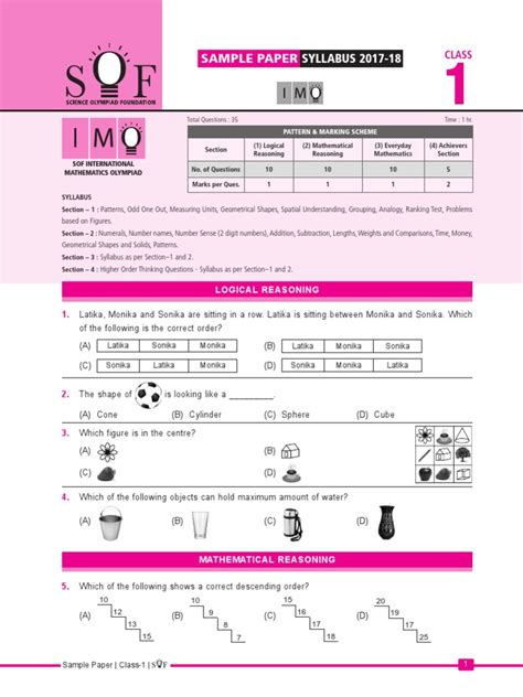 Imo Sample Paper Class 1 Pdf Shape Reason