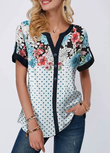 Us 28 40 Roll Tab Sleeve Split Neck Dot Print Blouse Trendy Tops