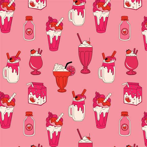 Seamless Pattern With Milkshakes With A Strawberry And Ice Cream Cone