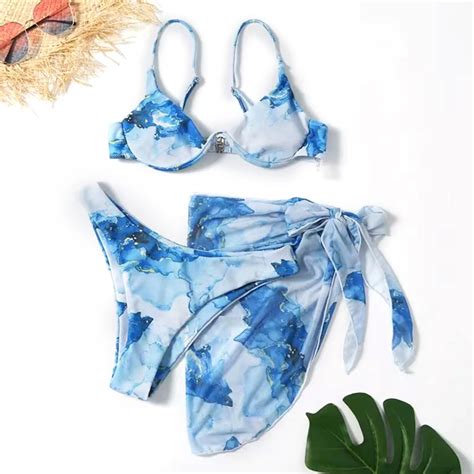 Women S Piece Printed Bikini Set Swimsuit With Sarongs Cover Ups