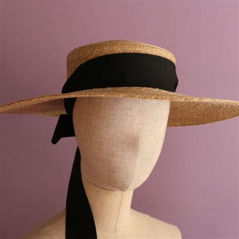 Jessica Wide Straw Boater Ribbon Tie Hat Etsy