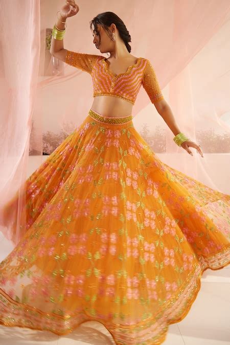 Buy Orange Tulle Embroidery Resham Structured Gardenia Bridal Lehenga