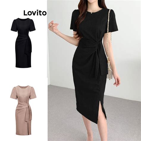 Lovito Casual Vestido Feminino Liso Nó e Fenda Frontal L80ED307