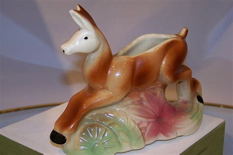 Vintage Ceramic Deer Planter Unmarked Brown Green Possibly Etsy