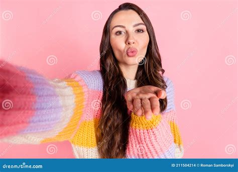 Self Portrait Of Attractive Amorous Brown Haired Girl Blogger Sending