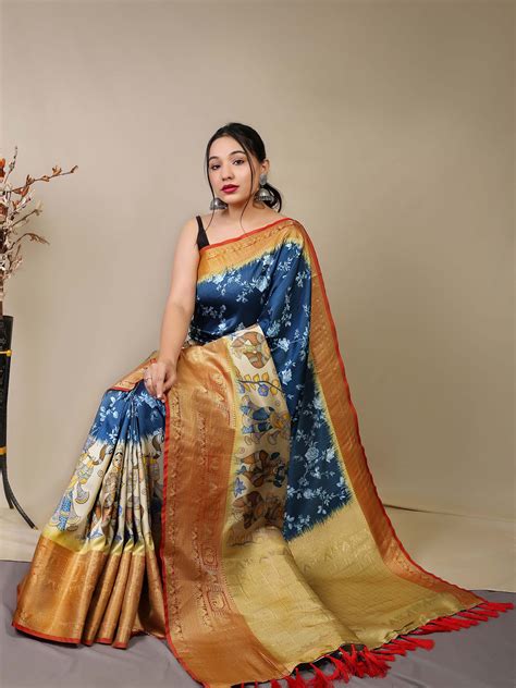 Buy Online Pure Soft Silk Saree With Floral Kalamkari Print And Rich Pallu Blue Af1632