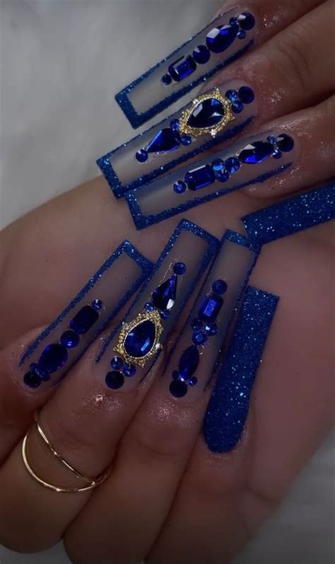 Blue Crystal Gorgeous Glitter Nails Arts Quinceanera Nails Stylish