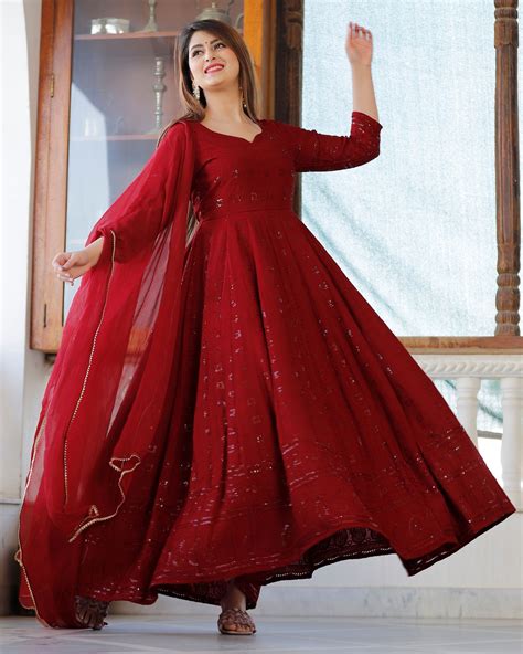 Maroon Chikankari Anarkali Kurta With Dupatta Set Of Two By Geeta