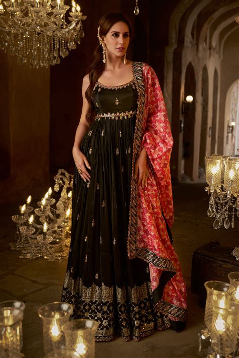 Buy Black Silk Print Bandhani Scoop Neck Zari Embroidered Anarkali Set