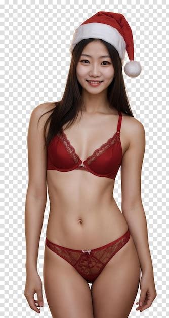 Premium Psd Asian Woman In Red Lingerie And Santa Hat Isolated On