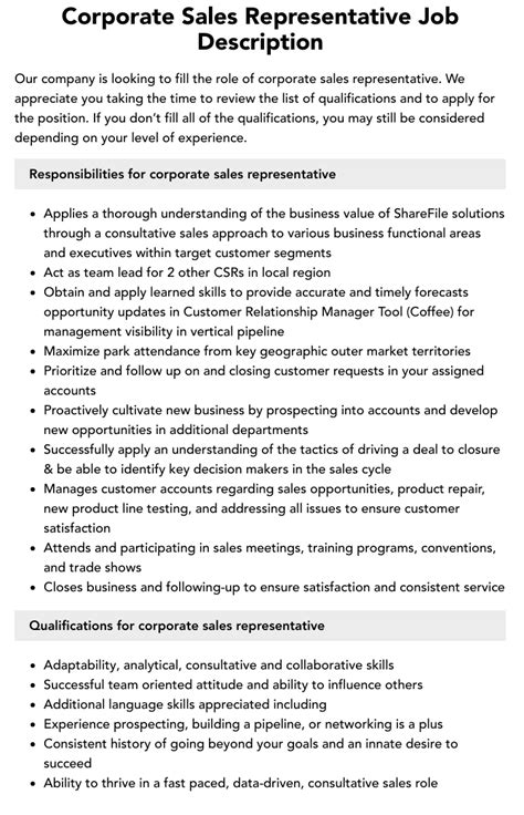 Corporate Sales Representative Job Description Velvet Jobs