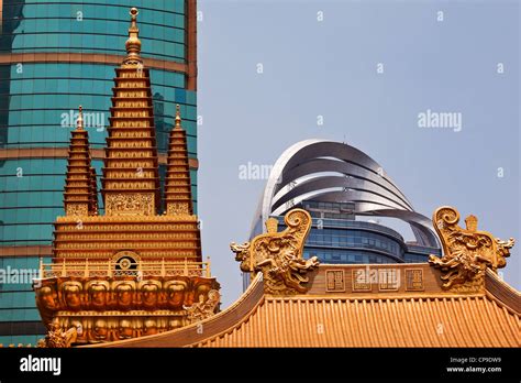 Golden Temples Dragons Roof Top Jing An Tranquility Temple Shanghai