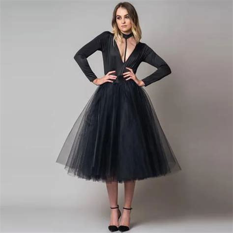 Fashion Black Tea Length Tulle Skirts Women Zipper Style A Line Puffy