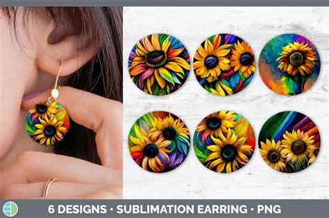 Rainbow Sunflower Round Earring Sublimation Designs Bundle By Enliven