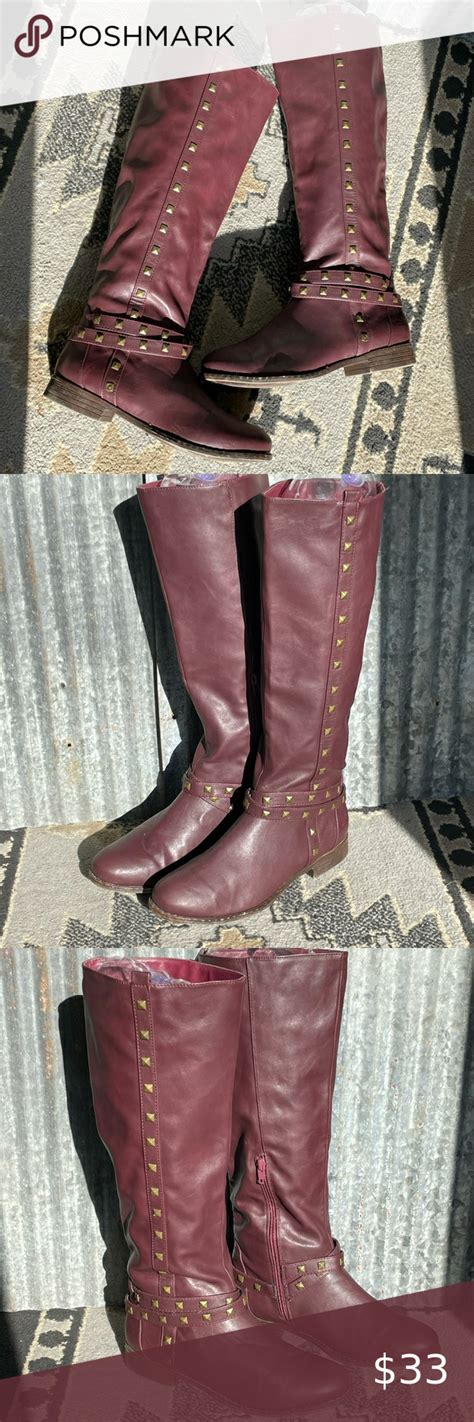 Burgundy Tall Boots With Studs Boots Riding Boots Fashion Tall Boots