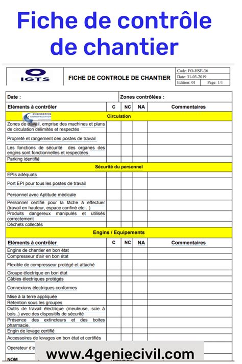 Fiche De Contr Le De Gestion Chantier Pdf Planning De Travail