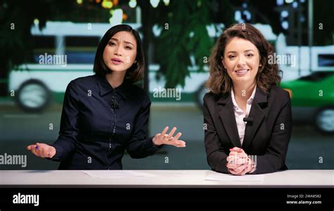 journalists team opening talk show  night  studio presenting