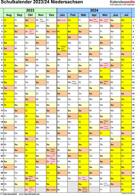 Schulkalender Niedersachsen F R Excel