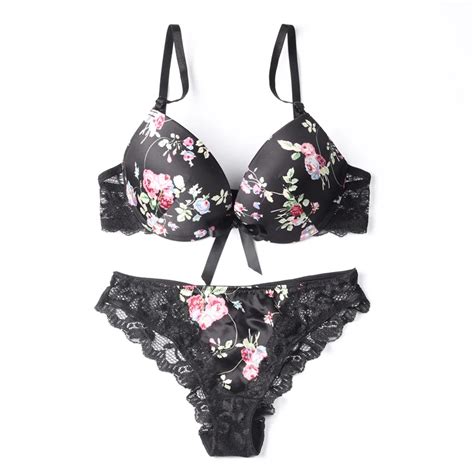 Satin Print Bra With Push Up Sexy Lace Underwear Bra And Panty Set