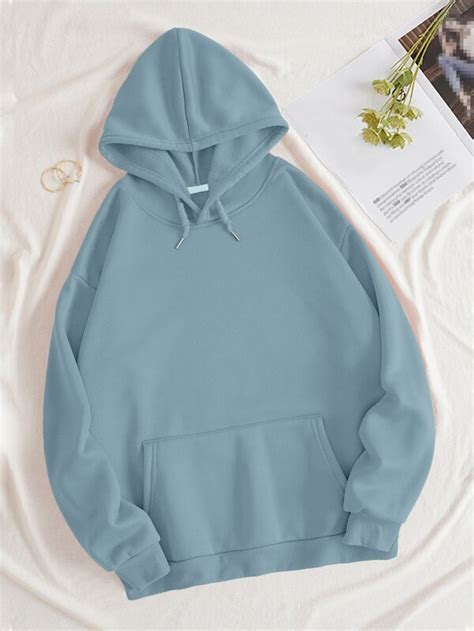 Shein Ezwear Solid Kangaroo Pocket Drawstring Thermal Lined Hoodie