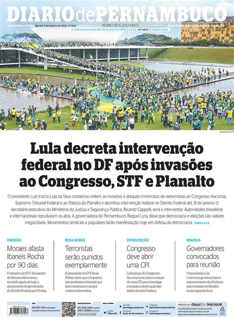 Capa Diario de Pernambuco Edição Segunda 9 de Janeiro de 2023