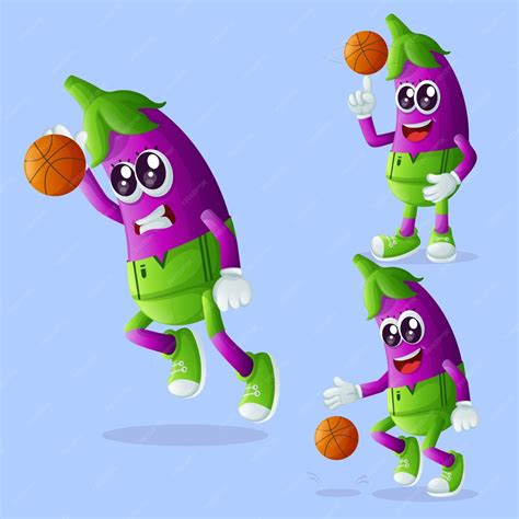 Premium Vector Cute Eggplant Characters Playing Basketball