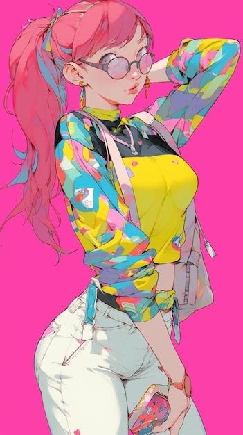 Premium Photo Anime Girl With Glasses And A Colorful Shirt On Generative Ai