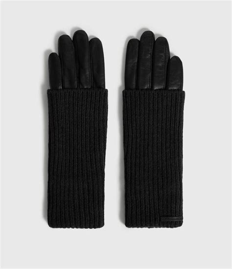 Allsaints Us Womens Knit Cuff Leather Gloves Black Leather Gloves