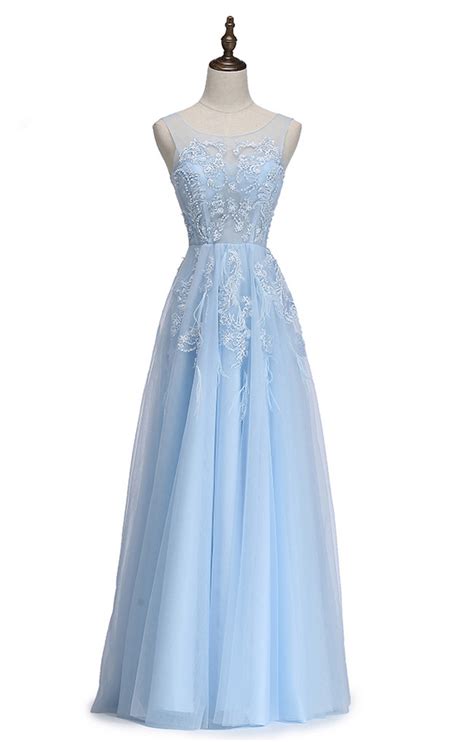 Fresh Light Blue Lace Evening Dress The Bride Banquet Scoop Sleeveless